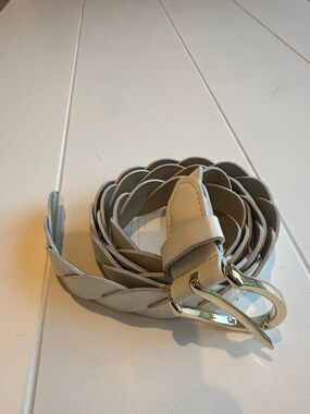 Express Cream Braided Leather Belt with Gold Buckle